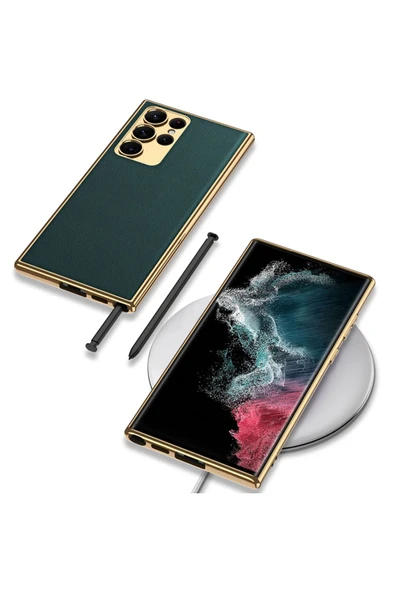 SAFA Galaxy S23 Ultra Uyumlu Deri Görünümlü Kenarları Elektroplating Kaplama Zore Fizyon Kılıf-Kı - 2