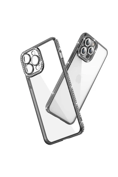 SAFA iPhone 12 Pro Uyumlu Kamera Korumalı Taşlı Zore Mina Kılıf-Siyah - Resim 2