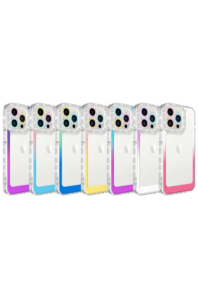 SAFA iPhone 12 Pro Uyumlu Simli ve Renk Geçiş Tasarımlı LZore Korumalı Zore Park Kılıf-Pembe-Sarı - Resim 2