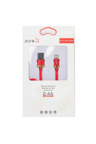 KILIFTECH Kırmızı Poro Lightning Usb Kablo 1M-Zore
