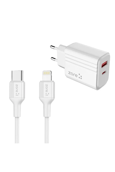 zore Beyaz Play Serisi PL3 Type-C to Lightning 2in1 PD Seyahat Şarj Aleti 20W-Zore