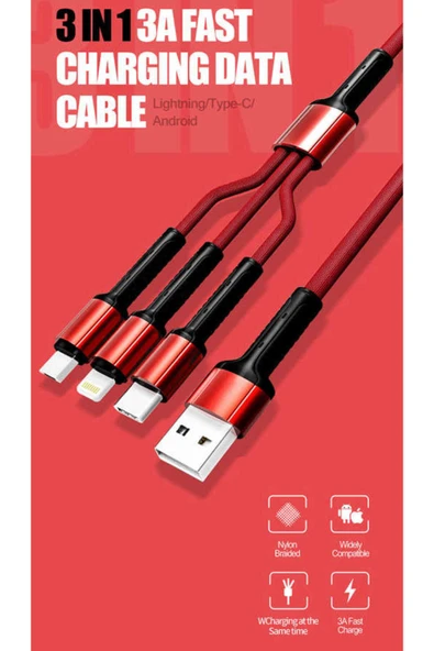 KILIFTECH Kırmızı LC93 3 in 1 Usb Kablo-Zore - Resim 4