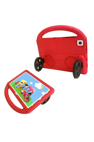 SAFA Galaxy Tab S6 Lite P610  Uyumlu Zore Wheel Car Tekerlek Standlı Tablet Eva Silikon Kılıf-Kırmızı - Resim 2