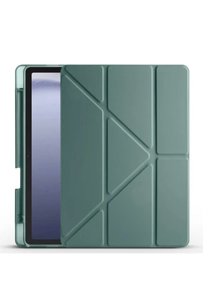 zore Galaxy Tab A9 Kılıf Uyumlu Zore Tri Folding Kalem Bölmeli Standlı Kılıf-Koyu Yeşil - 2