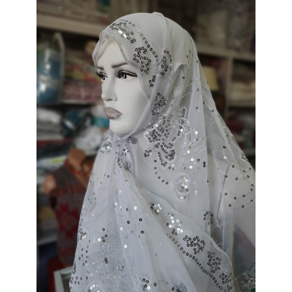 ABİYE MEVLÜT ÖRTÜSÜ & ŞAL & RANIR - 62 X 160 cm - RENK: BEYAZ & ÜZERİ PUL İŞLEMELİ - 3