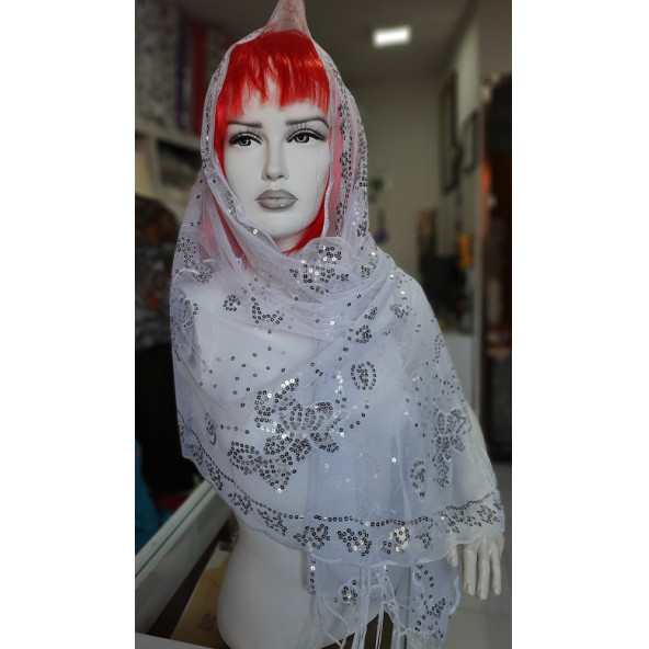 ABİYE MEVLÜT ÖRTÜSÜ & ŞAL & RANIR - 62 X 160 cm - RENK: BEYAZ & ÜZERİ PUL İŞLEMELİ - 8