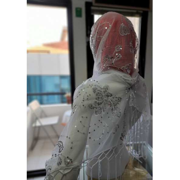 ABİYE MEVLÜT ÖRTÜSÜ & ŞAL & RANIR - 62 X 160 cm - RENK: BEYAZ & ÜZERİ PUL İŞLEMELİ - 11