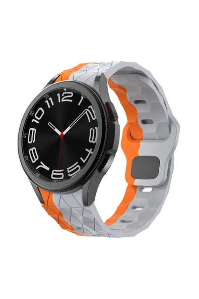 ezotech Galaxy Watch 6 44mm Zore KRD-116 20mm Futbol Desenli Spor Tasarımlı Silikon Kordon-Gri-Turuncu
