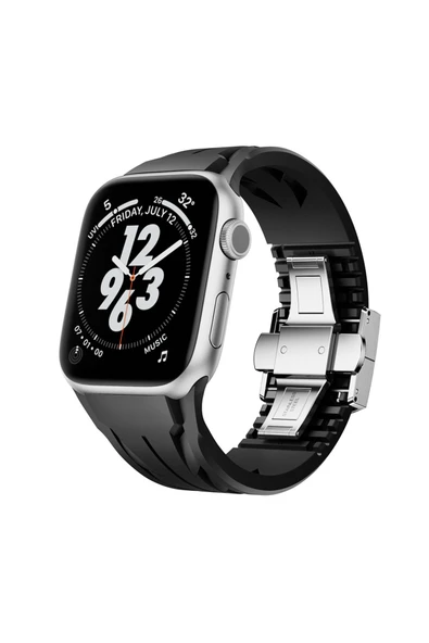 zore Apple Watch 10 46mm KRD-127 Metal Tokalı Silikon Kordon-Siyah
