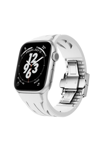 KILIFTECH Apple Watch 44mm KRD-127 Metal Tokalı Silikon Kordon-Beyaz