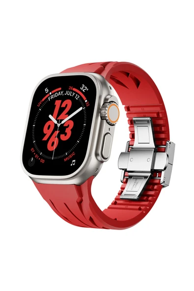 KILIFTECH Apple Watch Ultra 49mm KRD-127 Metal Tokalı Silikon Kordon-Kırmızı