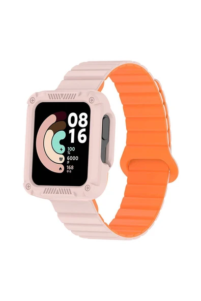 KILIFTECH Xiaomi Redmi Watch 2 Silikon Kordon Zore KRD-105 Strap Kayış-Pembe-Turuncu