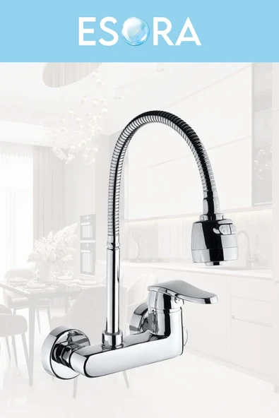 ESORA Krom 2 Fonksiyonlu Oynar Borulu Duvardan Mutfak Bataryası Çeşmesi Musluğu - Resim 2