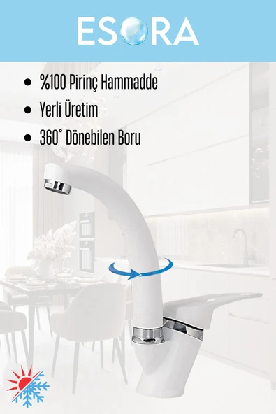 ESORA Beyaz Krom Mix Lavabo Bataryası Çift Su Grişli Çeşme Banyo Musluğu Mutfak Çeşmesi 2 Yıl Garantili - Resim 3