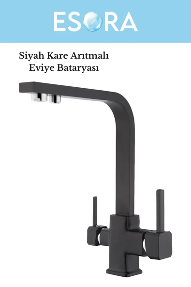 ESORA Siyah Arıtmalı Kare Eviye L Boru Mutfak Bataryası (Sıcak Soğuk Girişli, Pirinç Malzeme)