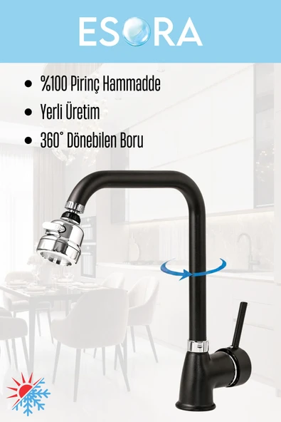 ESORA Siyah Krom Delta Mutfak Bataryası Oynar Başlıklı Mutfak Musluğu Eviye Bataryası Çift Su Girişli - Resim 2