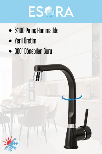 ESORA Siyah Balık Sırtı Delta Mutfak Bataryası Oynar Başlıklı Mutfak Musluğu Çift Su Girişli 2 Yıl Garanti - Resim 2