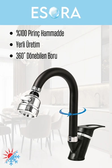 ESORA Siyah Krom Baston Lavabo Bataryası Filtreli Oynar Başlıklı Banyo Musluğu Çeşmesi Çift Su Girişli - 2