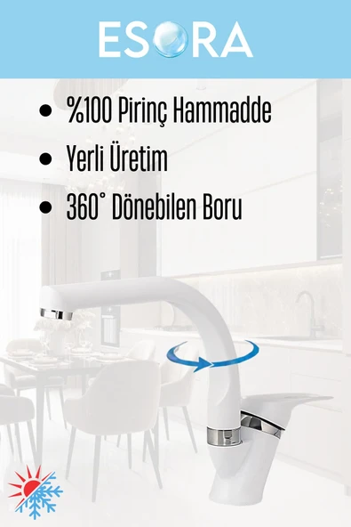 ESORA Beyaz Balık Sırtı Mix Lavabo Bataryası Çift Su Grişli Çeşme Banyo Musluğu Çeşmesi 2 Yıl Garantili - 3