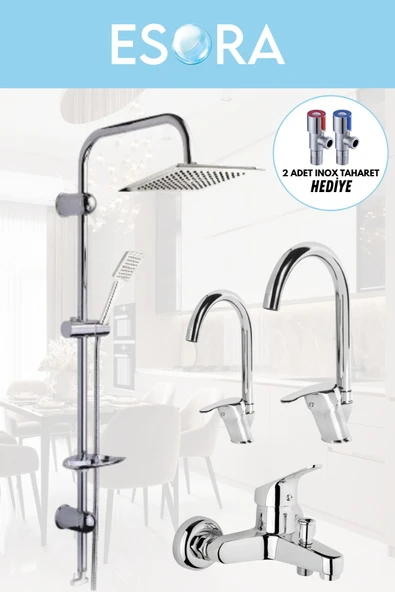 ESORA Dubai Robot Duş Sistemi, Baston Lavabo & Mutfak ve Banyo Bataryası Set (2 Adet Taharet Hediye)