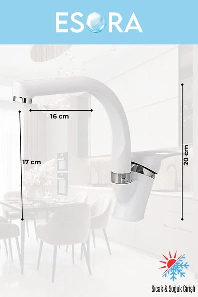 ESORA Beyaz Balık Sırtı Mix Lavabo Bataryası Çift Su Grişli Çeşme Banyo Musluğu Çeşmesi 2 Yıl Garantili - 3