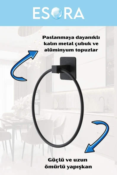 ESORA Siyah Metal Kare Yapışkanlı Yuvarlak Havluluk - 3