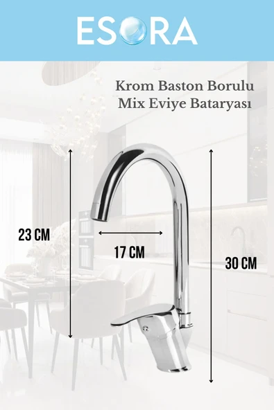 ESORA Baston Borulu Modern Krom Kaplama Çift Fonksiyonlu Mutfak Eviye Bataryası - 2