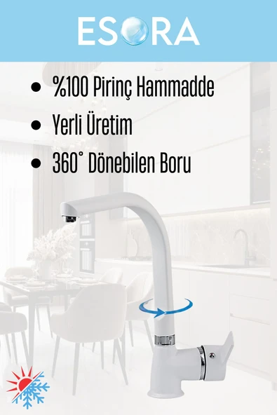 ESORA Beyaz Balık Sırtı Krom Delta Eviye Bataryası Mutfak Bataryası Çift Su Girişli 2 Yıl Garantili - 2