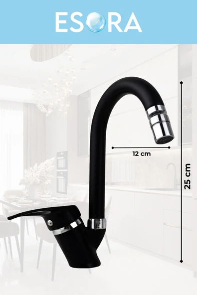 ESORA Siyah Baston Borulu Mix Lavabo Bataryası Çift Su Girişli Perletörlü Musluk Çeşme 2 Yıl Garanti - 3