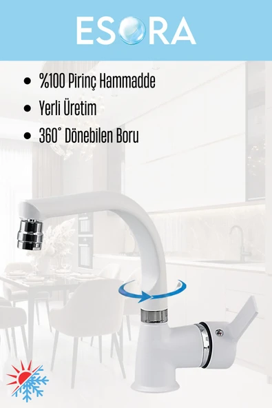 ESORA Beyaz Balık Sırtı Delta Lavabo Bataryası Oynar Başlıklı Çift Su Girişli Lavabo Musluğu Çeşme - Resim 4