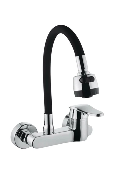 ESORA Siyah Krom 2 Fonksiyonlu Oynar Borulu Duvardan Mutfak Bataryası Çeşmesi Musluğu ürün görseli 1