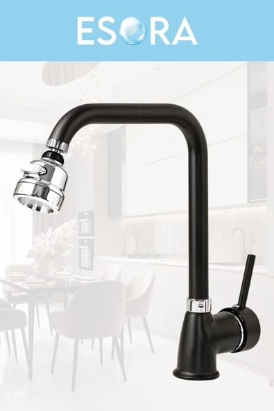 ESORA Siyah Robot Duş Set Köşe Borulu Oynar Başlıklı Eviye Balık Sırtı Lavabo ve Banyo Bataryası 4lü Set - Resim 3