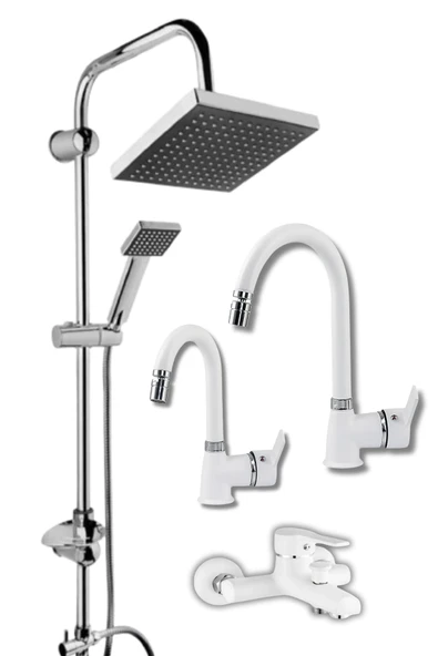 ESORA Krom Siyah Tepe Yağmurlama, Beyaz Delta Banyo-mutfak-lavabo Bataryası Musluğu Çeşmesi 4'lü Set - 1