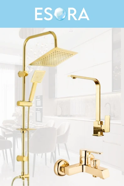 ESORA Gold Kare Robot Duş Seti, Kare Banyo, Lavabo Bataryası Musluğu 3'lü Set