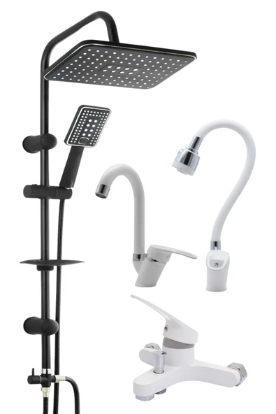 ESORA Siyah Robot Duş Seti , Beyaz Oynar Borulu Eviye , Baston Lavabo , Banyo Bataryası 4’lü Set ürün görseli 1