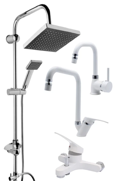 ESORA Krom Siyah Robot Duş Seti , Beyaz Köşe Borulu Eviye , Lavabo , Banyo Bataryası 4’lü Set ürün görseli