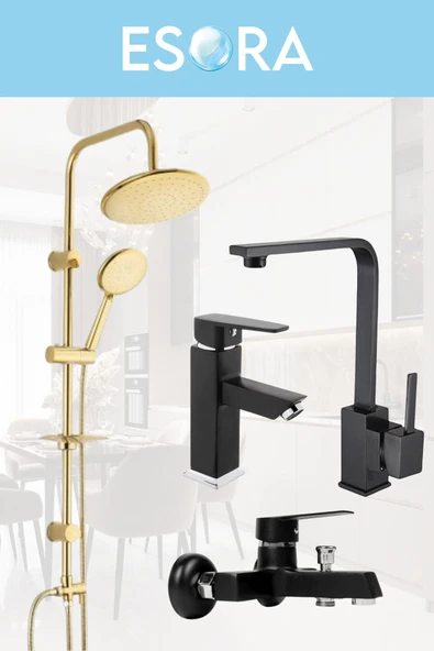 ESORA Gold Yuvarlak Robot Duş Seti , Siyah Lüx Kare Eviye , Sabit Lavabo , Banyo Bataryası 4’lü Set - Resim 2
