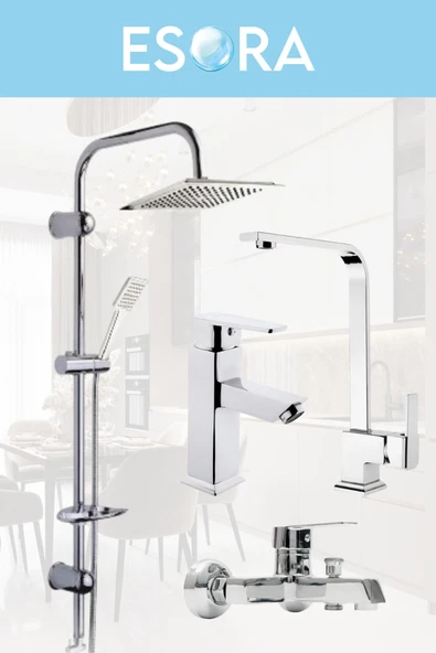 ESORA Dubai Krom Robot Duş Seti , Krom Lüx Kare Eviye , Sabit Lavabo , Banyo Bataryası 4’lü Set