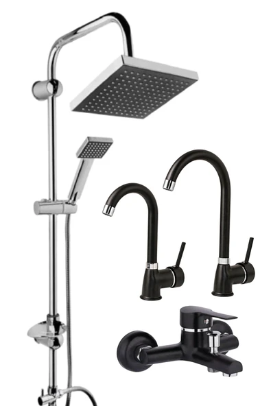 ESORA Krom Siyah Tepe Yağmurlama, Siyah Delta Banyo-mutfak-lavabo Bataryası Musluğu Çeşmesi 4'lü Set ürün görseli