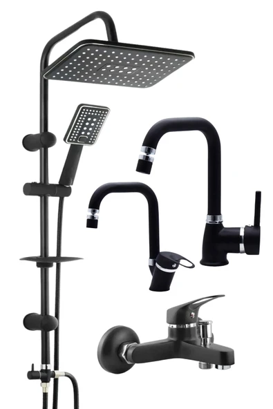 ESORA Siyah Robot Duş Seti , Siyah Köşe Borulu Eviye , Lavabo , Banyo Bataryası 4’lü Set - 1