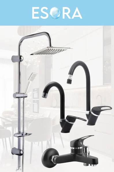 ESORA Krom Dubai Robot Duş Seti , Siyah Krom Mix Eviye , Lavabo , Banyo Bataryası 4’lü Set
