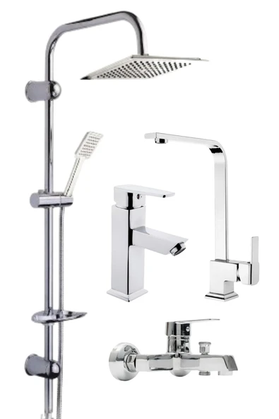 ESORA Dubai Krom Robot Duş Seti , Krom Lüx Kare Eviye , Sabit Lavabo , Banyo Bataryası 4’lü Set ürün görseli