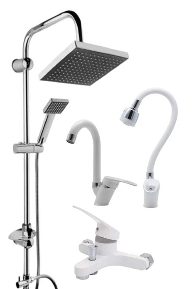 ESORA Krom Siyah Robot Duş Seti , Beyaz Oynar Borulu Eviye , Baston Lavabo , Banyo Bataryası 4’lü Set - 1