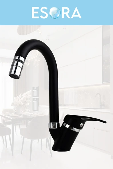 ESORA Siyah Robot Duş Set Köşe Borulu Eviye, Baston Borulu Lavabo ve Banyo Bataryası 4lü Set - Resim 4