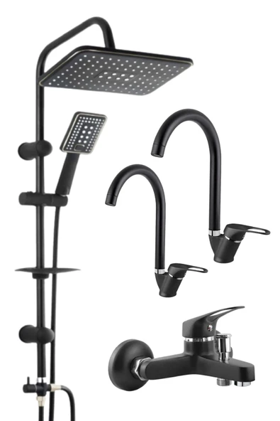 ESORA Siyah Robot Tepe Yağmurlama Banyo-Mutfak-Lavobo Musluğu Çeşmesi 4'lü Set ürün görseli