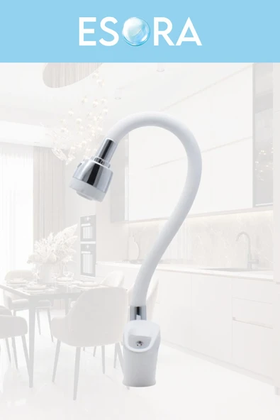 ESORA Dubai Krom Robot Duş Seti , Beyaz Oynar Borulu Eviye , Baston Lavabo , Banyo Bataryası 4’lü Set - Resim 4