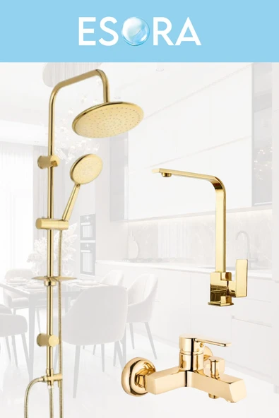 ESORA Gold Yuvarlak Robot Duş Seti, Kare Banyo, Lavabo Bataryası Musluğu 3'lü Set