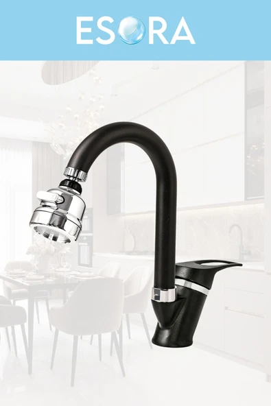 ESORA Siyah Robot Duş Seti Baston Borulu Oynar Başlıklı Eviye, Lavabo ve Banyo Bataryası 4lü Set - Resim 4