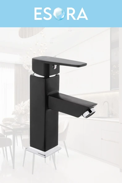 ESORA Dubai Krom Robot Duş Seti , Siyah Lüx Kare Eviye , Sabit Lavabo , Banyo Bataryası 4’lü Set - Resim 5