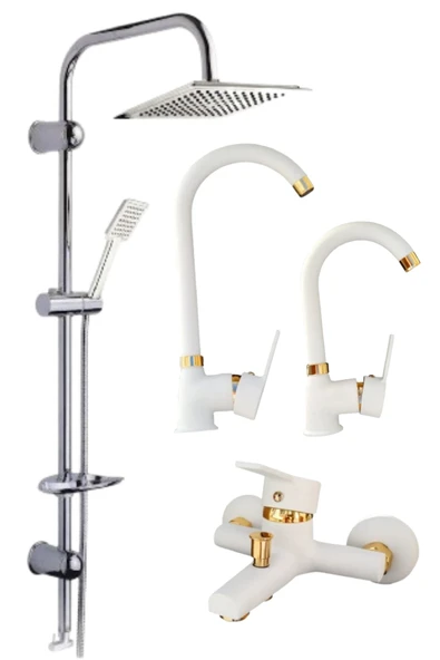 ESORA Krom Dubai Robot Duş Seti , Beyaz Gold Delta Eviye , Lavabo , Banyo Bataryası 4’lü Set ürün görseli